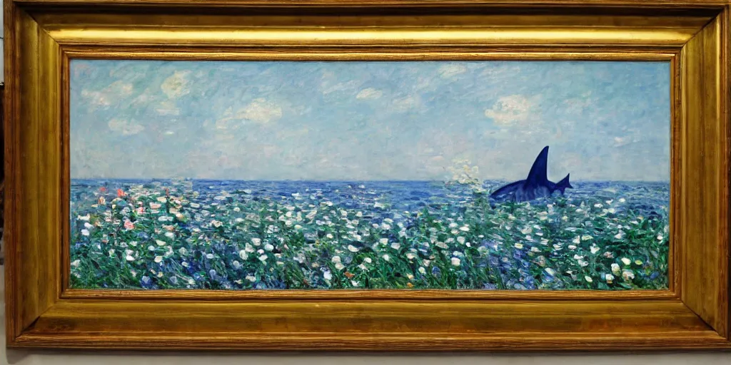 Prompt: flowers as long as the eyes can see, giant shark in the distance, in the style of monet, oil painting, 1 6 k