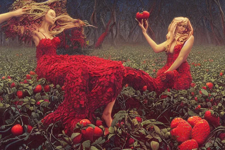 Prompt: strawberry fields forever. painting by gerald brom and and greg rutkowski