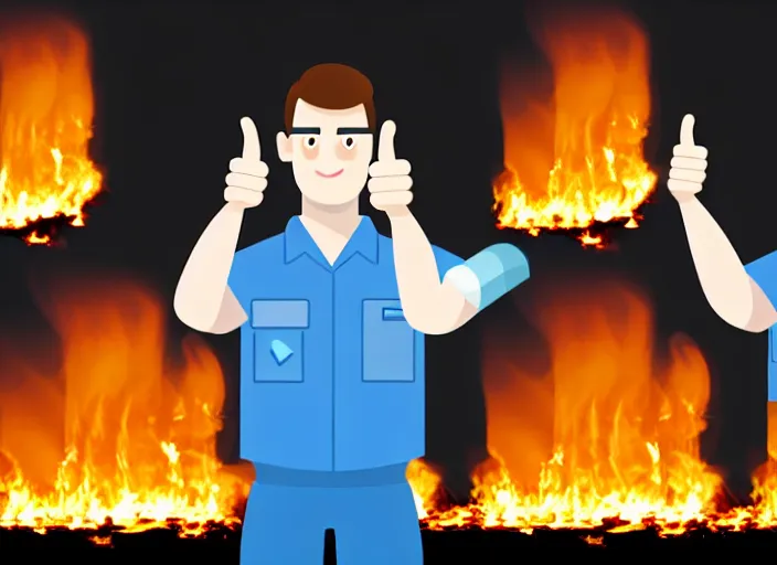 Image similar to A system administrator doing a thumb up to the camera in front on burning servers, servers in flames, happy system administrator doing a thumb up, uncropped, full body