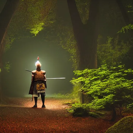 Image similar to a samurai walks alone through the light woods, bright, scenic, lively, cinematic lighting, intricate detail