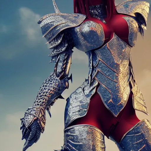 Image similar to highly detailed realistic stunning shot of a beautiful anthropomorphic female dragon knight, doing a majestic and elegant pose, armor made of steel, sharp claws and tail, two wings on her back, HD octane render, epic cinematography, fantasy, Artstation, Deviantart, Furaffinity