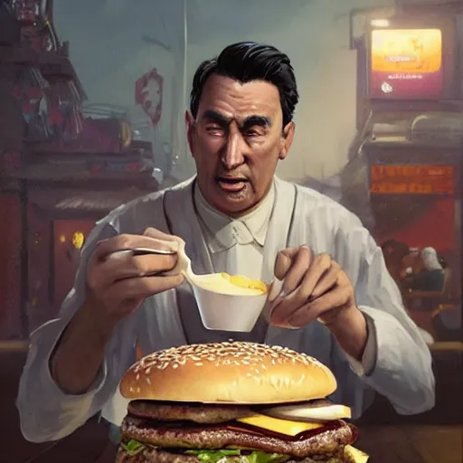 Prompt: a highly detailed epic cinematic concept art CG render digital painting artwork costume design: Vincent Cassell as a 1930s Milkman eating a giant Big Mac Hamburger, voluptuous sesame seed bun, extra ketchup and pickles and onions . By Greg Rutkowski, Ilya Kuvshinov, WLOP, Stanley Artgerm Lau, Ruan Jia and Fenghua Zhong, trending on ArtStation, made in Maya and Photoshop, octane render, excellent composition, cinematic atmosphere, dynamic dramatic cinematic lighting, aesthetic, very inspirational, arthouse
