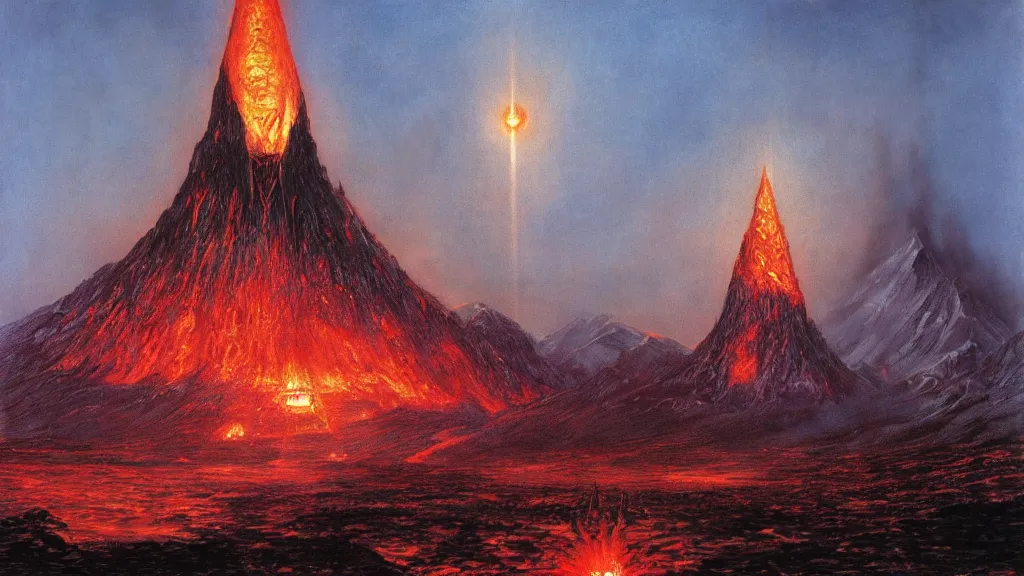 Image similar to mordor, flaming eye of sauron above the tower of darad - dur, by alan lee, intricate, lord of the rings calendar, smooth, detailed terrain, oil painting, trending artstation, concept art, matte painting