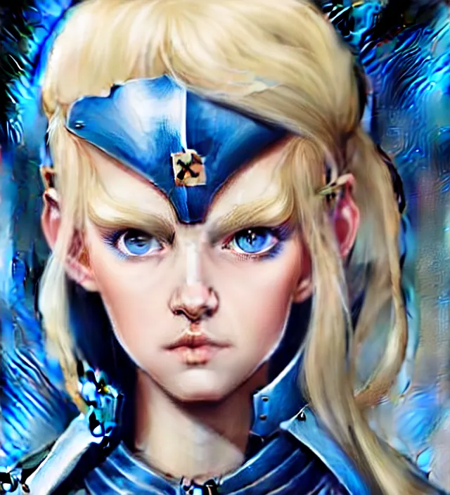 Image similar to character concept art of a cute german woman with blond hair and blue eyes, wearing plastic armor. lovely - fine - face, pretty face, key visual, realistic shaded perfect face, fine details by wlop, james jean, andrei riabovitchev, marc simonetti, sakimichan, trending on artstation