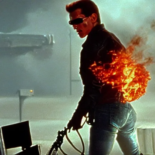Image similar to the final scene from the terminator 2 movie but replaced with female terminators.