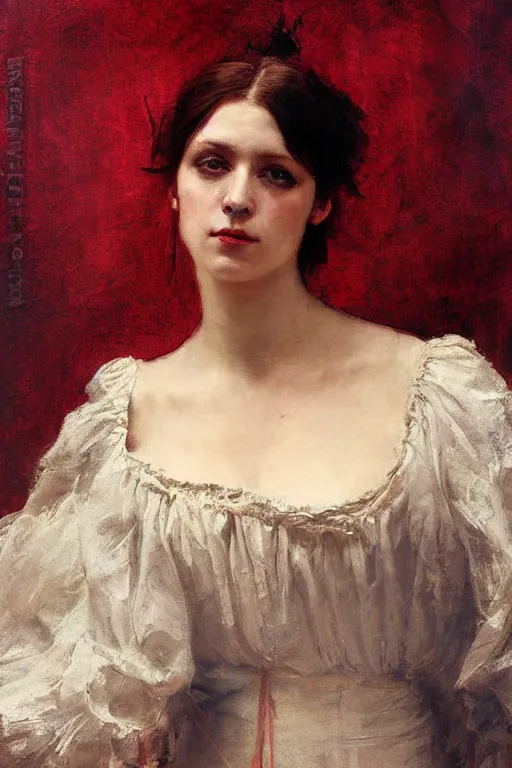 Image similar to Solomon Joseph Solomon and Richard Schmid and Jeremy Lipking victorian genre painting full length portrait painting of a young beautiful woman traditional german french pirate wench in fantasy costume, red background