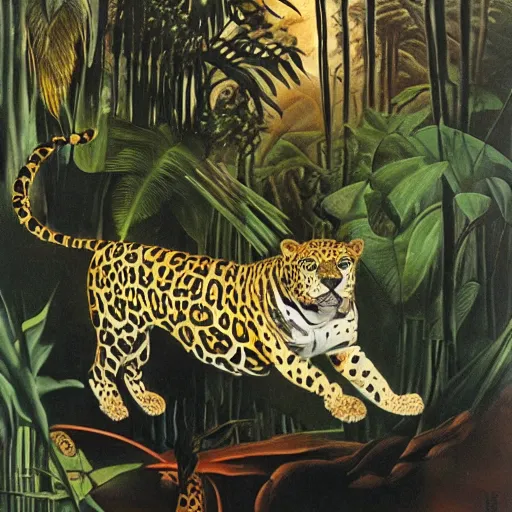 Prompt: intense jaguar in a dark misty jungle, by Salvador Dali