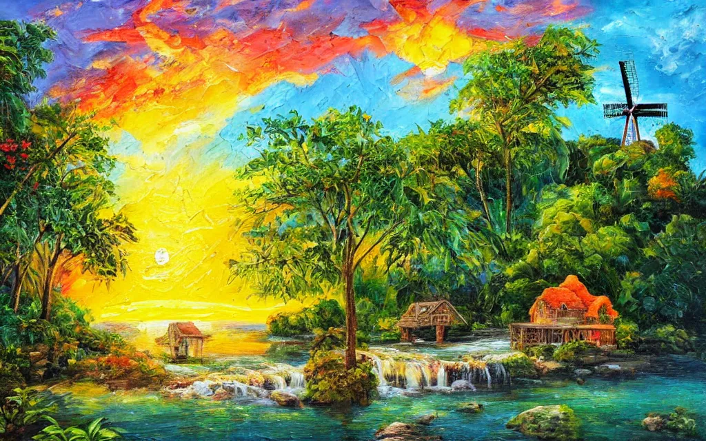 Image similar to an island with a cozy cottage, tropical forest, river, waterfall, windmill, garden courtyard, sunset, puffy clouds, oil impasto painting