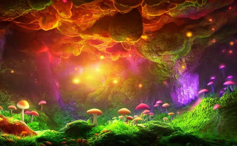 Prompt: a beautiful and stunning professional digital artwork of a glowing mushroom cave, haze, spores floating in the air, ruby geodes, waterfall, volumetric lighting, hyperrealistic, rtx on, ultra detail