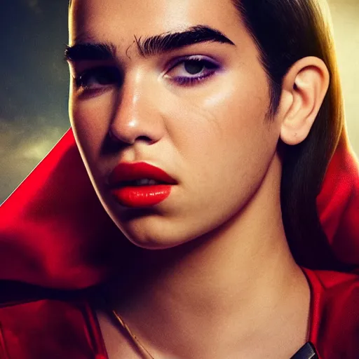 Image similar to a potrait of dua lipa potrayed as Supergirl by Zack Snyder, Christopher Nolan, 8k photorealistic, cinematic lighting, HD, high details, dramatic, trending on artstation, above view, dark atmosphere,