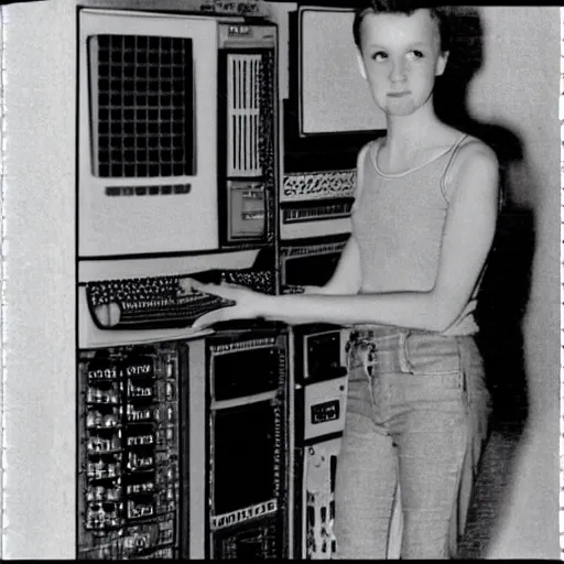 Image similar to weird person in front of C64 computer, old photograph