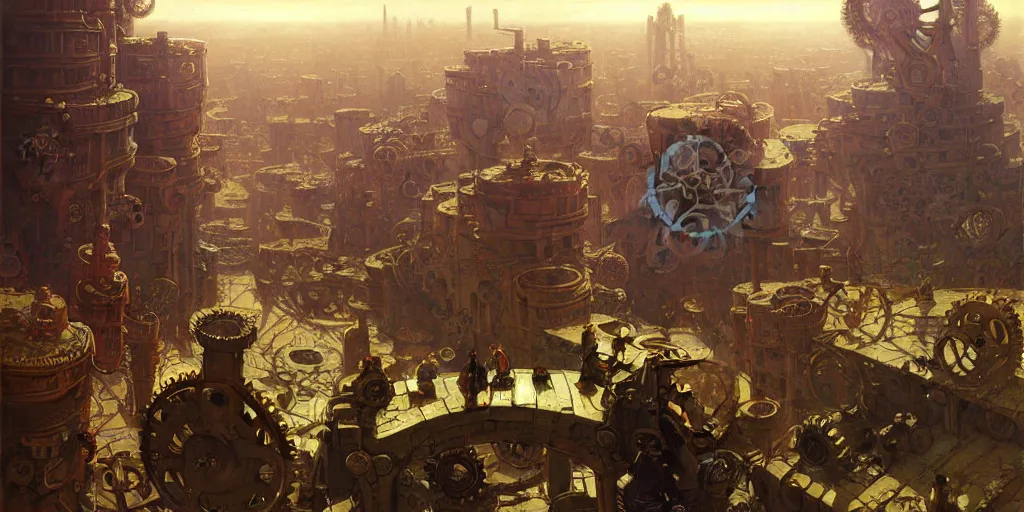 Image similar to giant gears cogs floating in the sky, clockwork, giant mechanisms, industry, villages castles, buildings vista artstation illustration sharp focus sunlit vista painted by ruan jia raymond swanland lawrence alma tadema zdzislaw beksinski norman rockwell tom lovell alex malveda greg staples