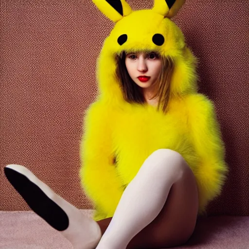 Prompt: tiktok girl in a furry pikachu costume, wearing stockings, photo by Anna Liebovitz