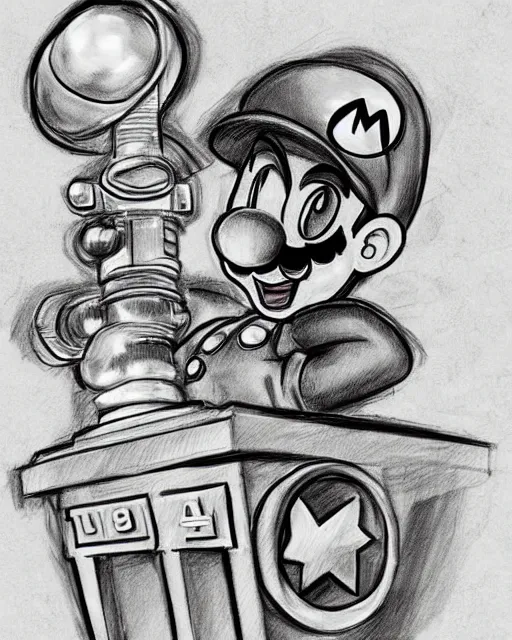 Image similar to super mario on the stand, court room sketch, fine details, concept art, extremely detailed, black and white, very sharp, in the style of elizabeth williams