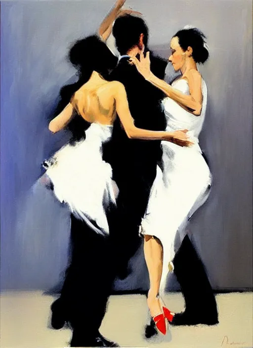 Image similar to tango dancerin in white dress, painting by phil hale, fransico goya,'action lines '!!!, graphic style, visible brushstrokes, motion blur, blurry, visible paint texture, crisp hd image