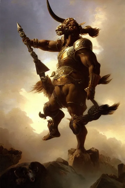 Prompt: oil painting of a strong minotaur with a bull face and wearing full plate armor, in style of ivan aivazovsky, expressive face, detailed face, detailed eyes, full body, feminine face, tracer overwatch,