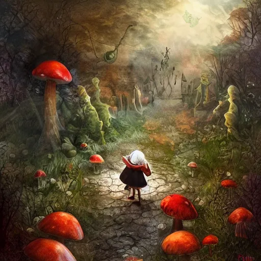 Image similar to Hell and heaven, captured in bottles, an elderly mushroom walking their pet snail, The Autumn Plague Gardener, the theme of Alice in Wonderland, digital painting, its softness partakes of fluidity, illustration, deep dark, artstation, intricate, biodiversity in a world of change and constancy, ue5, by deiv calviz and bossmonsterbani