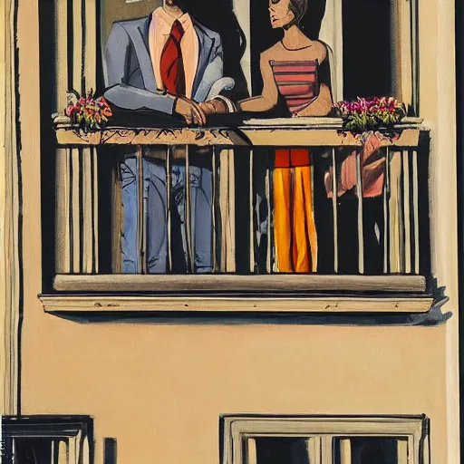 Image similar to painting of a rich man and woman sitting on the balcony of an apartment building in nyc watching the people below as they run away from zombies