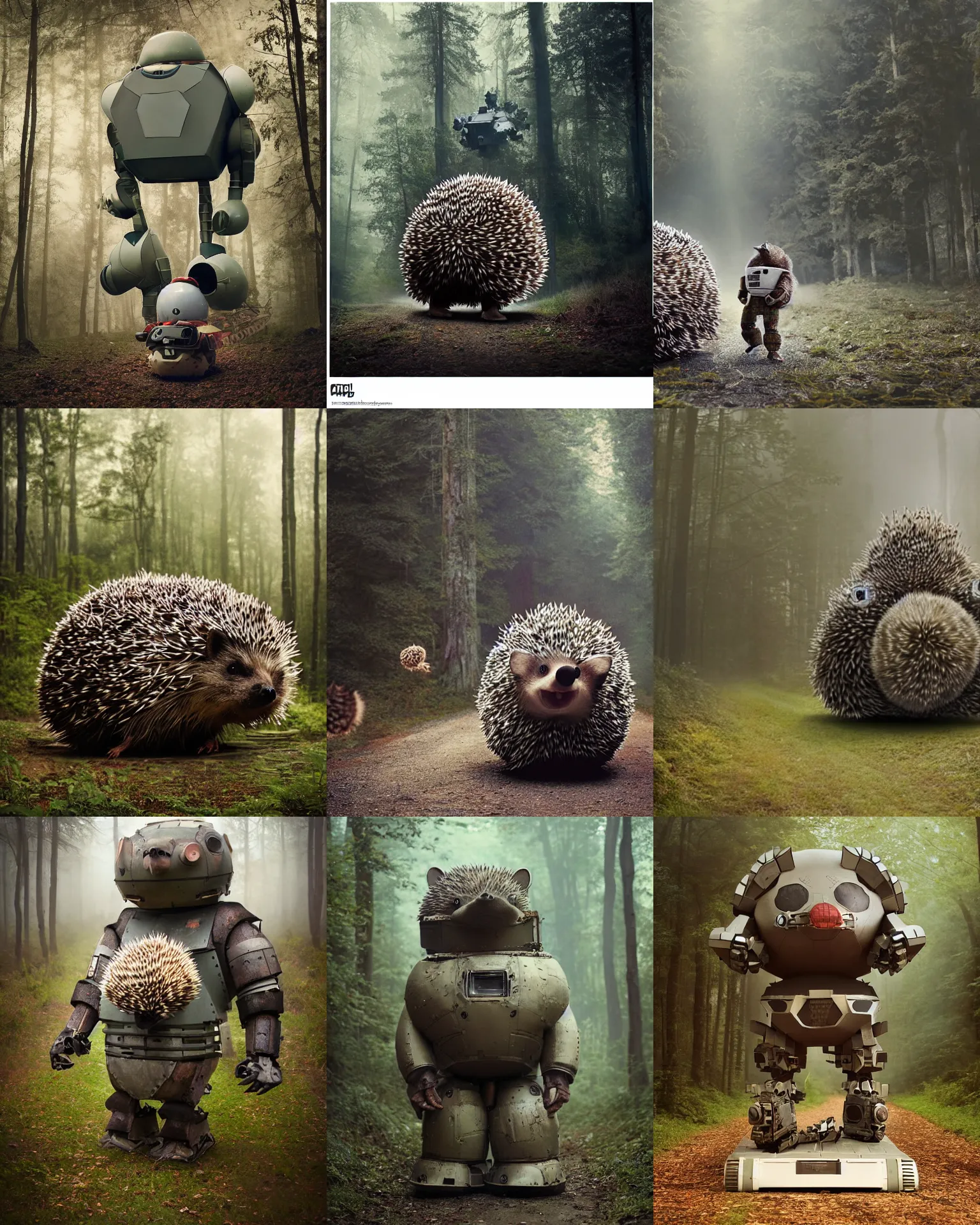 Prompt: giant oversized bulky chubby hedgehog robot in hi tech wacky war mech battle armor,and hedgehog babies ,on forest path , full body , Cinematic focus, Polaroid photo, vintage , neutral dull colors, foggy , by oleg oprisco , by thomas peschak, by discovery channel, by victor enrich , by gregory crewdson