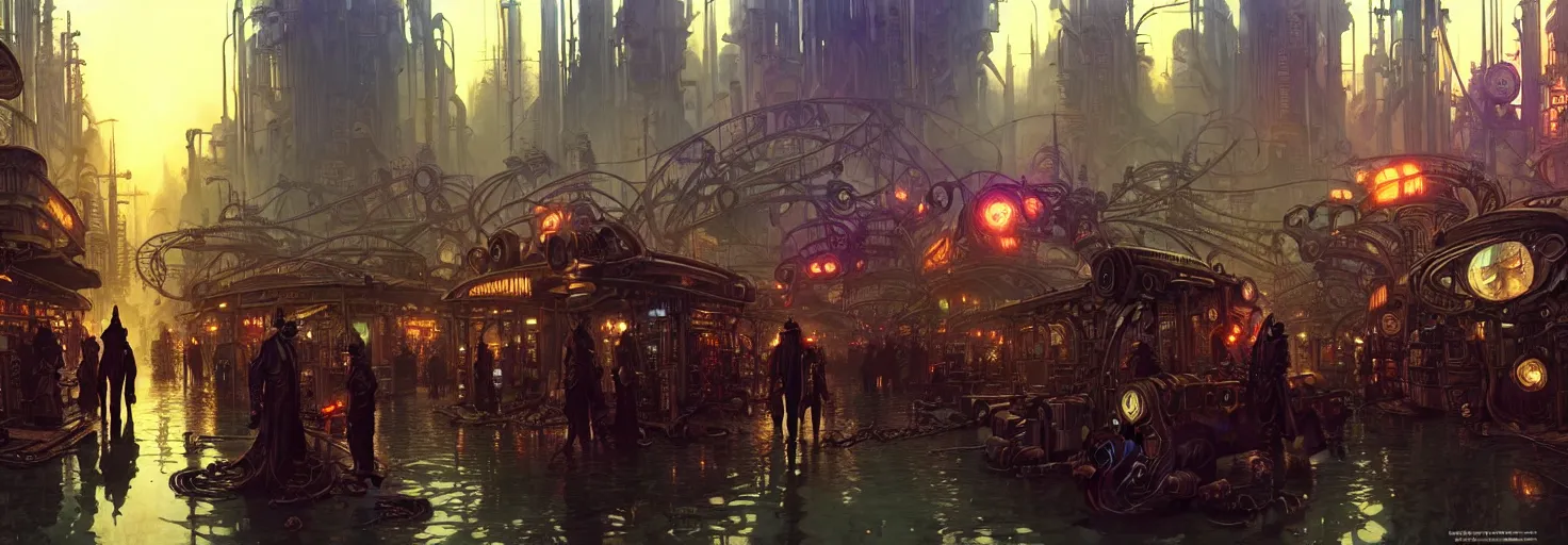 Prompt: steampunk cyberpunk city in a swamp, busy market, godrays, cinematic, poster art by james gurney, weta studio, lucasfilm jesper ejsing, norman rockwell, mucha, ilya kuvshinov, greg rutkowski frank frazzeta on artstation