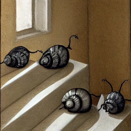 Image similar to snails on the stairs in style of vilhelm hammershoi