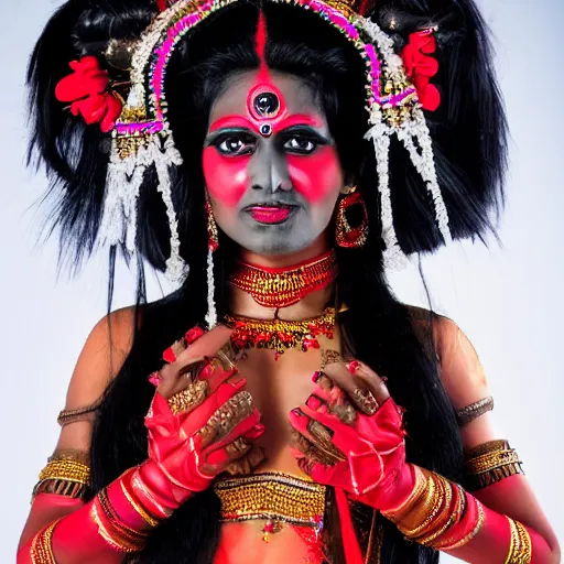 Prompt: Professional studio long shot photography of an Indian woman cosplaying as the goddess Kali in 10 armed ekamukhi form. Kali has 10 arms. She wears gloves.