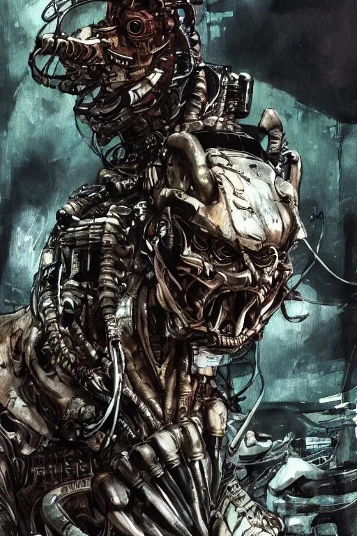 Image similar to predator illustrated by yoji shinkawa, science fiction horror action, skilled, technologically advanced alien, ink, digital painting, highly detailed, trending on artstation, sharp focus, illustration, concept art, norman rockwell