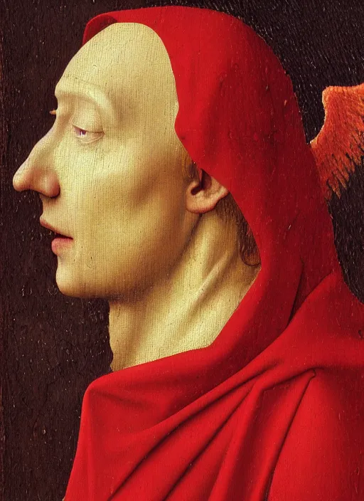 Image similar to profile of a fallen angel dressed in red with wings by Jan van Eyck, Hieronymus Bosch, Johannes Vermeer 4k post-processing, highly detailed medieval painting