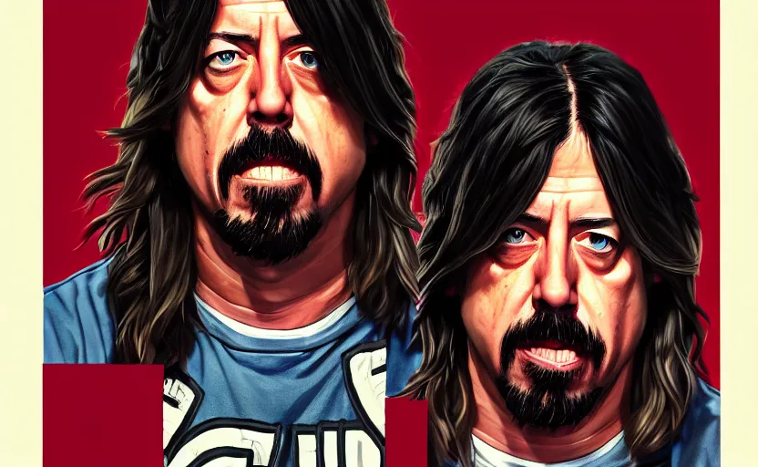 Image similar to dave grohl in gta v covert art painted by stephen bliss, centered, uncropped, full body, symmetrical face, crispy, trending on artstation, deviantart