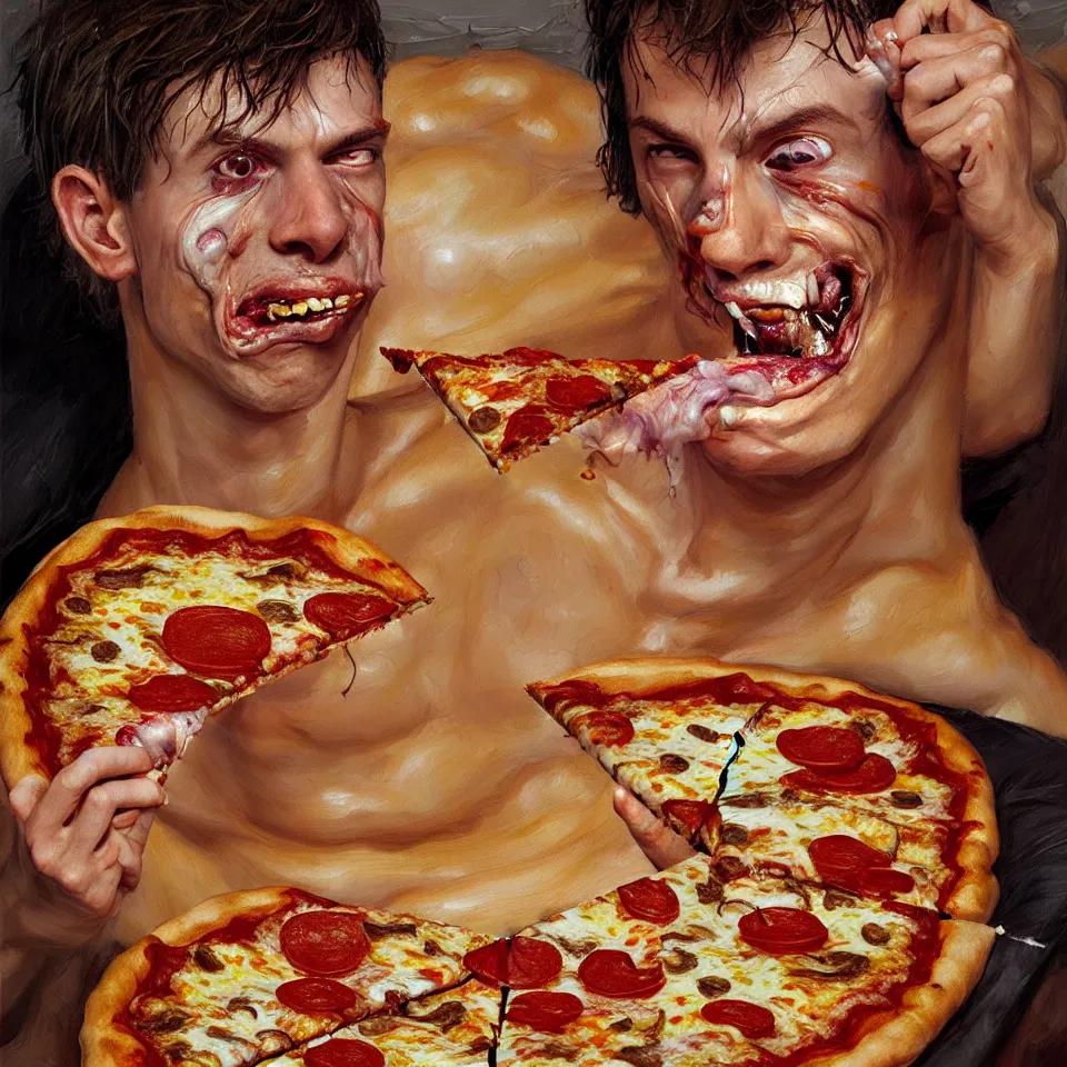 Image similar to bright realistic anorexic man puking pizza and smiling franticly, apartment, rotten flesh, diffuse lighting, fantasy, intricate, elegant, highly detailed, lifelike, photorealistic, digital painting, artstation, illustration, concept art, smooth, sharp focus, art by francis bacon and jenny saville