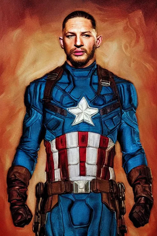 Image similar to a full body high detail fantasy portrait oil painting illustration of Tom Hardy as Captain America by Justin Sweet with face and body clearly visible, in a scenic background, pupils visible, realistic proportions, artstation trending, high quality, sombre mood, artstation trending, muted colours, no crop, entire person visible!, natural light, dusty, Adobe Photoshop, Adobe Lightroom, photolab, Affinity Photo,