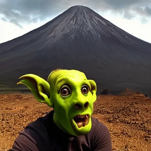 Prompt: “a goblin with brown skin and glowing yellow eyes with a volcano in the background”