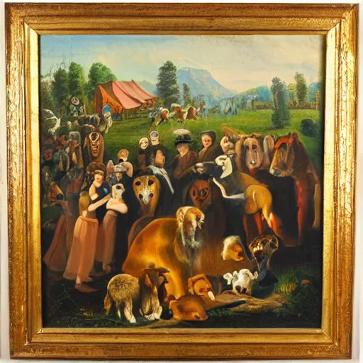 Image similar to oil painting by thomas hart brenton of the peaceable kingdom.