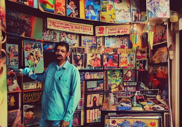 Image similar to home photography portrait, A shopkeeper guy of the SHOME and his family , floor, signboards , poster ; summer, Color VHS picture quality with mixed noise