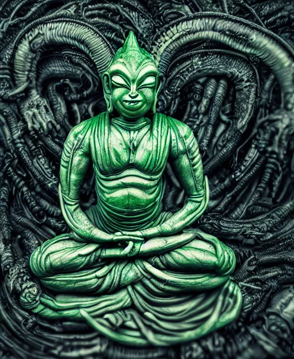 Prompt: xenomorph buddha meditation model hybrid, dragon eggs, dark emerald mist colors, giger background liminal void, cinematic lighting, realistic, award winning photograph, various refining methods, micro macro autofocus