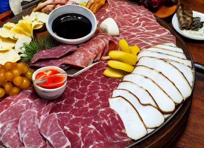 Image similar to underwater photo still of a great white shark looking at a charcuterie platter, 8 k