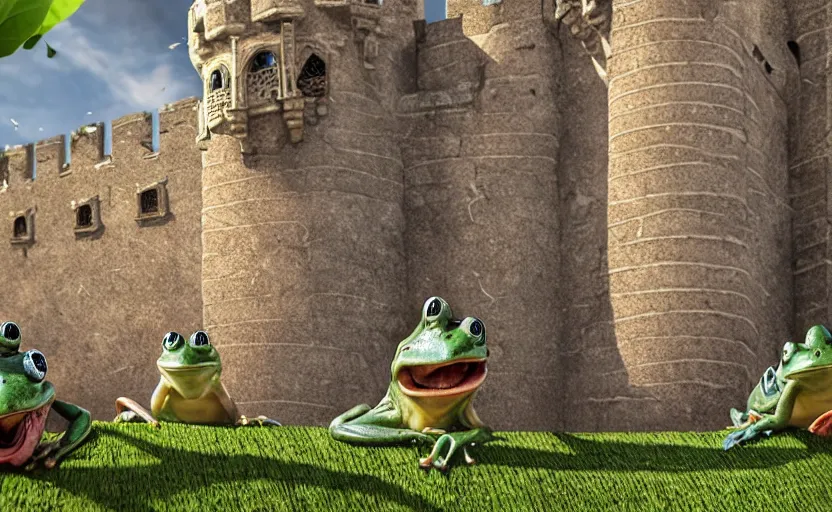 Prompt: happy frogs at a medieval throne castle, highly detailed, extremely high quality, hd, 4 k, 8 k, professional photographer, 4 0 mp, lifelike, top - rated, award winning, cinematic, realistic, detailed lighting, detailed shadows, sharp, no blur, edited, corrected, trending