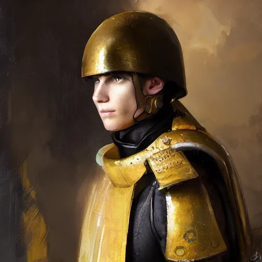 Prompt: Medium closeup young idealistic and pious male Imperial soldier wearing a black tabard with light yellow accents over a gambeson and a steel open helm, by Raymond Swanland Greg Rutkowski Lise Deharm, {perfect face}, {perfect eyes}