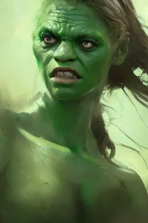 Image similar to green orc female, light green tone beautiful face, by greg rutkowski, by jeremy mann, digital painting