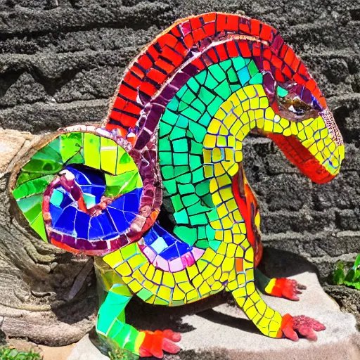 Prompt: mosaic sculpture of a alebrije chimera!!!, irregularly shaped mosaic tiles, hand glazed pottery shards, in a cottagecore flower garden