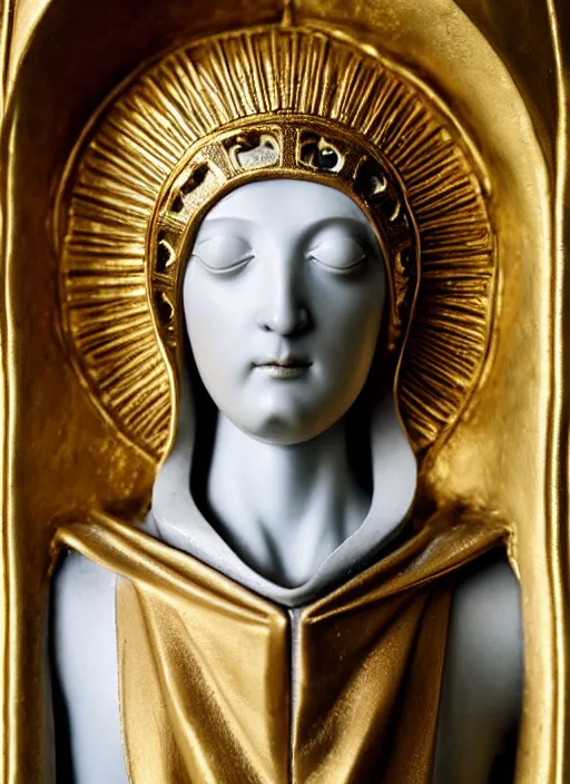 Image similar to a medieval female nun, elegant, filigree renaissance sculpture from gold, marble and fur, brilliant symmetry, created by verrocchio andrea, leonardo da vinci, sandro botticelli, raffaelle monti, epic 7 0 mm lens shot, artstation trending, photorealism, sharp focus, smooth, establishing shot, sense of awe