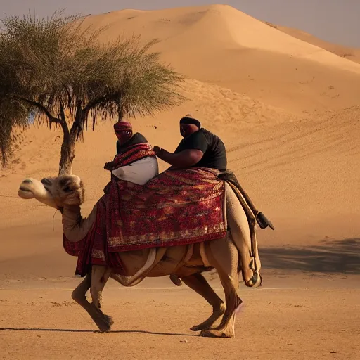 Prompt: a morbidly obese person riding a camel, photography, egypt, cinematic,