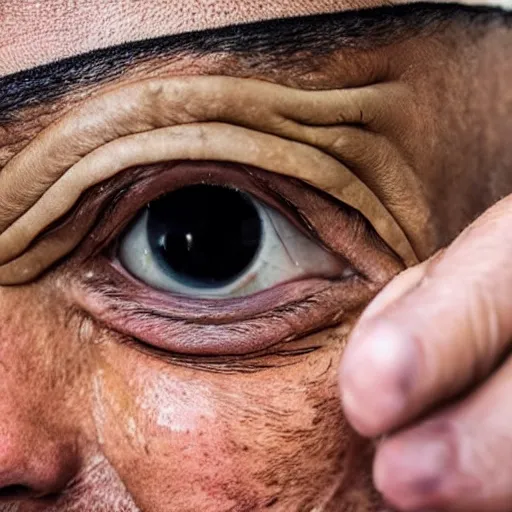 Image similar to a man peels his own head revealing a large eye