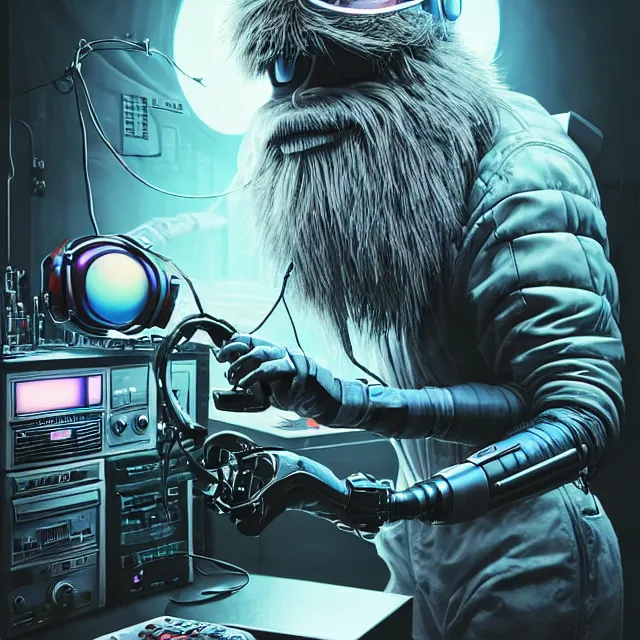 Image similar to a portrait of an anthropomorphic cyberpunk yeti in a motorcycle helmet working in his secret electronics lab, detailed render, tape deck, boombox, headphones, epic composition, cybernetics, 4 k realistic, cryengine, realistic shaded lighting, sharp focus, masterpiece, by matteo scalera, gary montalbano, peter elson in the style of the tokyo ghost comic