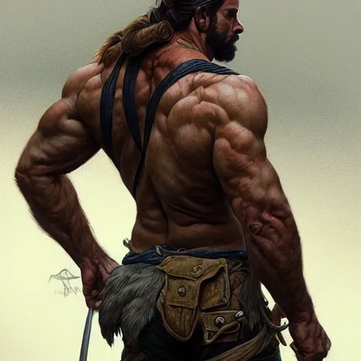 Image similar to back portrait of a rugged ranger, full body!!!, muscular, hairy, forest, anatomy, D&D, fantasy, intricate, elegant, highly detailed, digital painting, artstation, concept art, matte, sharp focus, illustration, art by Artgerm and Greg Rutkowski and Alphonse Mucha