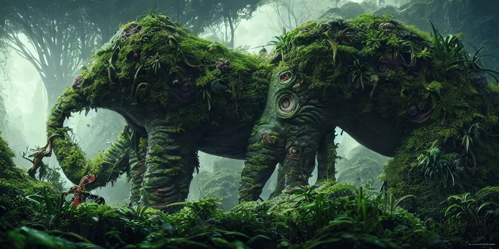 Image similar to a giant creature in a lush trunda vegetation, snow snow : : by michal karcz, daniel merriam, victo ngai and guillermo del toro : : ornate, dynamic, particulate, intricate, elegant, highly detailed, centered, artstation, smooth, sharp focus, octane render, 3 d