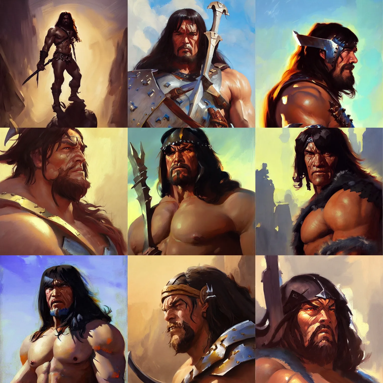 Prompt: Greg Manchess portrait painting of Conan the Barbarian as Overwatch character, medium shot, asymmetrical, profile picture, Organic Painting, sunny day, Matte Painting, bold shapes, hard edges, street art, trending on artstation, by Huang Guangjian and Gil Elvgren and Sachin Teng