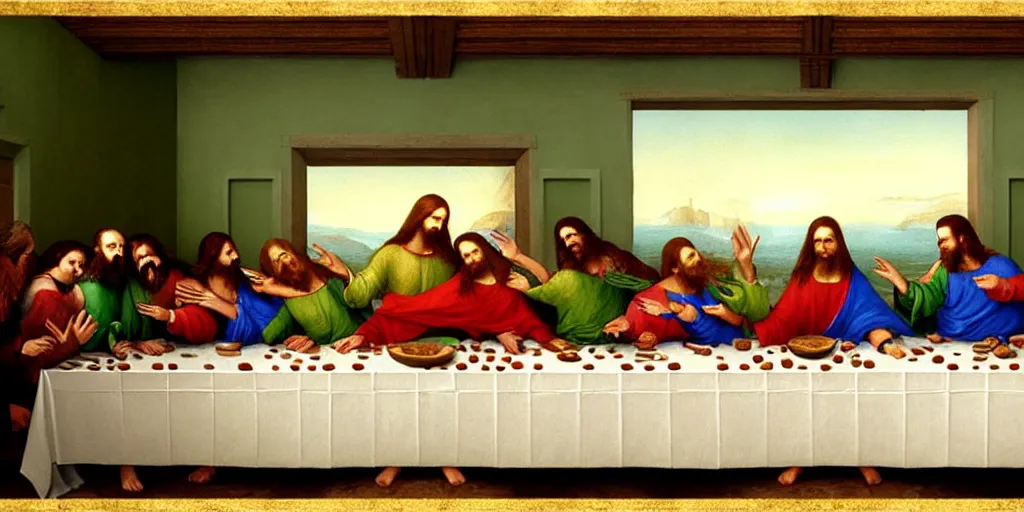 Image similar to the last supper with green sentient blobs, horror, painted by leonardo da vinci, greg rutkowski, artgerm, masterpiece, 4 k hyper realistic