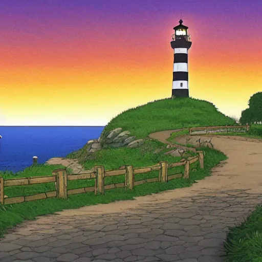 Image similar to A road leading to the lighthouse,dusk, by Ghibli