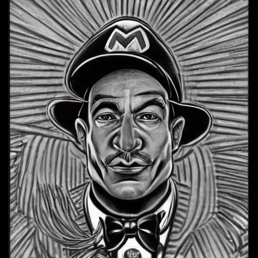 Image similar to a black and white pencil illustration portrait of super mario in the style of stanislaw szukalski